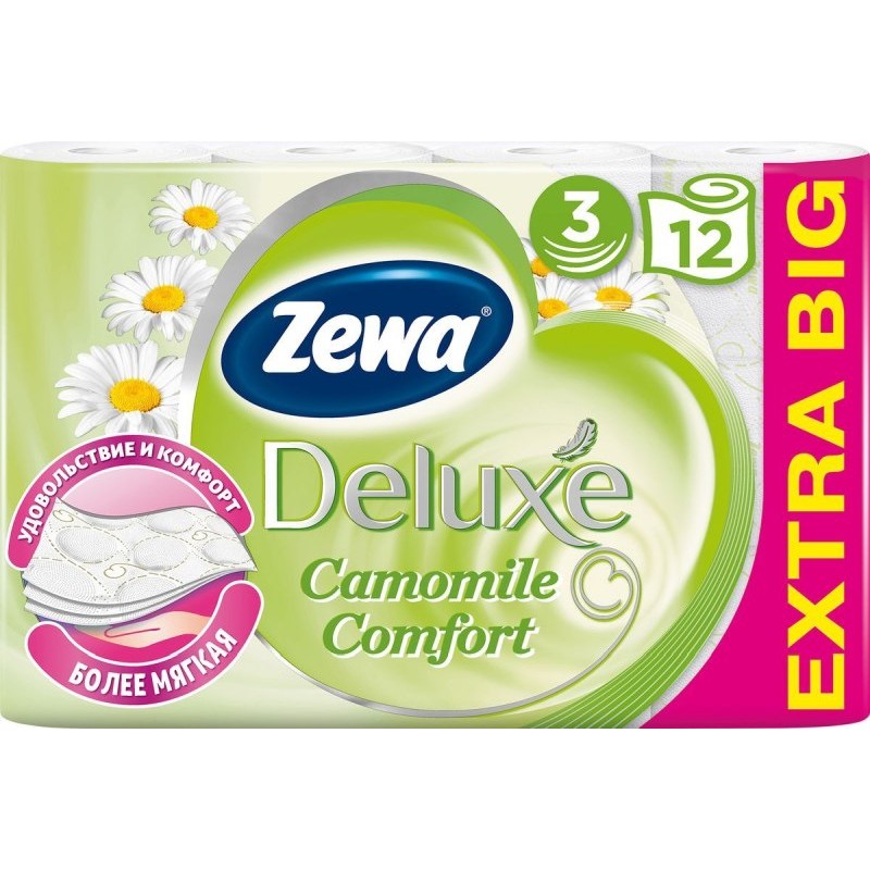 Туалетная бумага 12рул 3-слоя "Zewa Deluxе"RU белая с ароматом ромашки