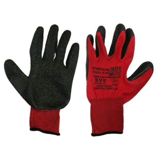 Перчатки из красеого полиэстра с вспененым черным покрыт. на ладони 13 кл. р-р 10