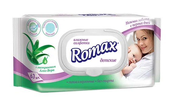 Влажные детские салфетки с экстрактом алое 63 шт Romax/6406