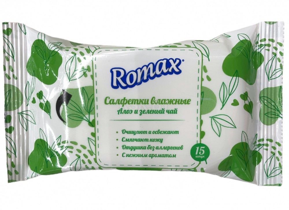 Салфетки влажные с ароматом Алое и зеленый чай "Romax" 15 шт/2852